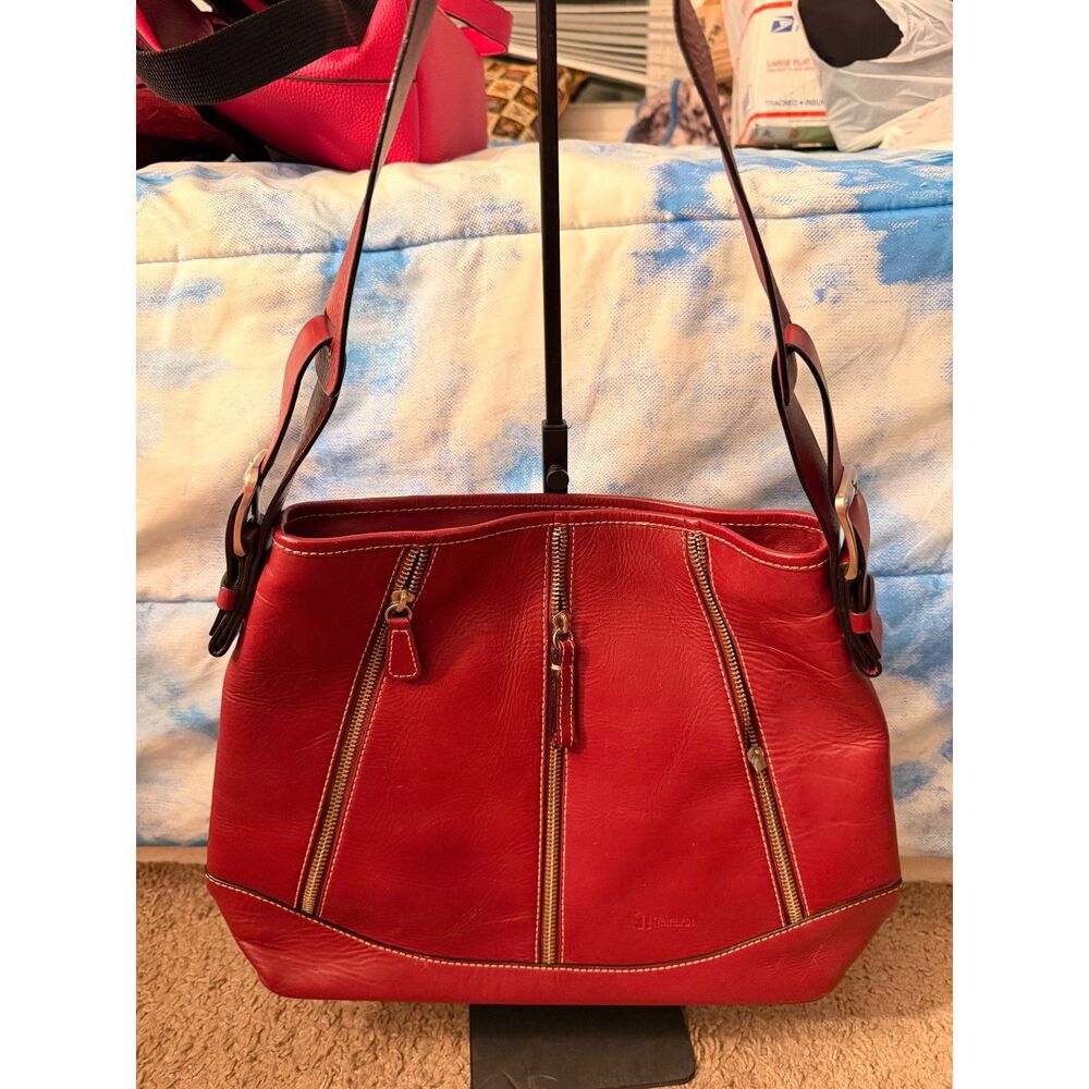 Rare Vintage Talabari Red Full-Grain Leather Multi-Pocket Tote Bag